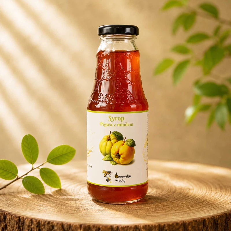 Syrop Pigwa z miodem Borowskie Miody w szklanej butelce na tle drewnianego plastra – naturalny syrop pigwowy z pasieki.