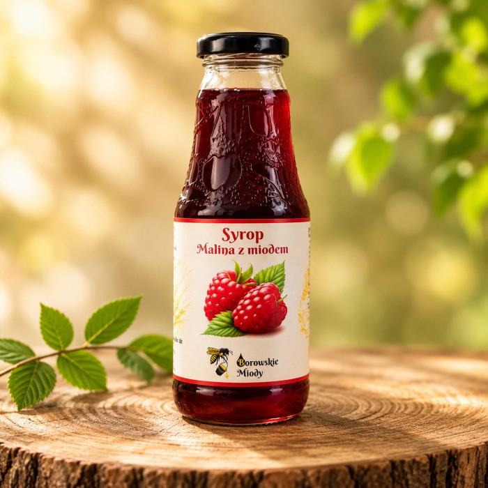 Syrop Malina z miodem Borowskie Miody w szklanej butelce na naturalnym tle – naturalny syrop malinowy z pasieki.