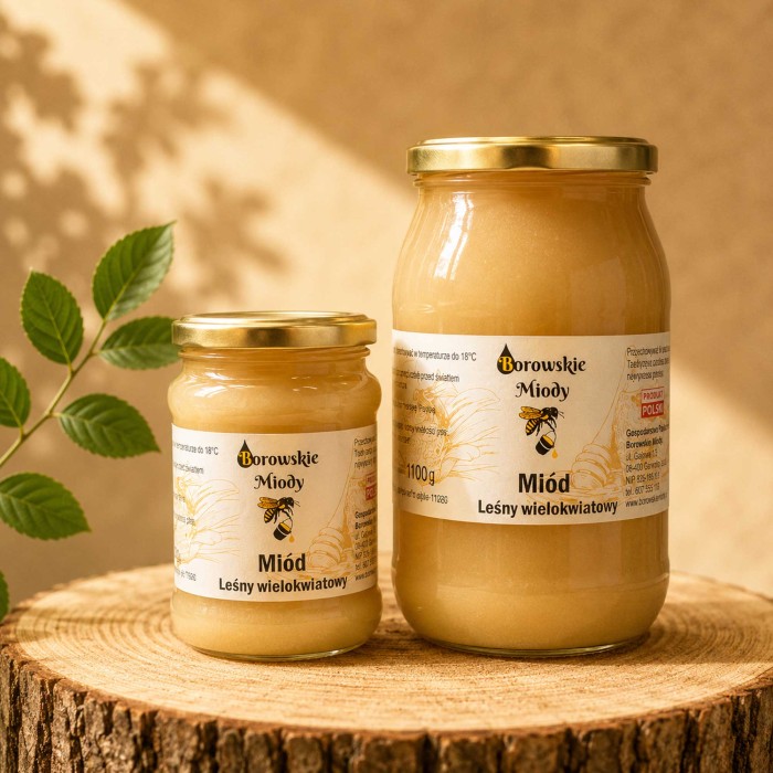 Miody Borowskie – miód leśny wielokwiatowy w słoikach 400 g i 1100 g na drewnianym pniu, naturalne tło, fotografia produktowa.