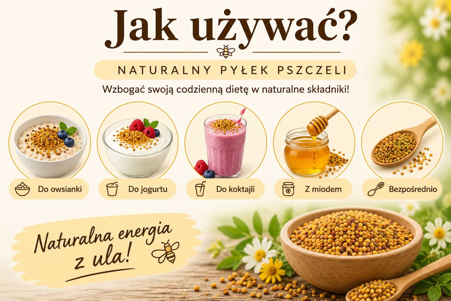 Infografika przedstawiająca, jak stosować pyłek pszczeli – dodaj go do owsianki, jogurtu, koktajli, połącz z miodem lub spożywaj bezpośrednio.