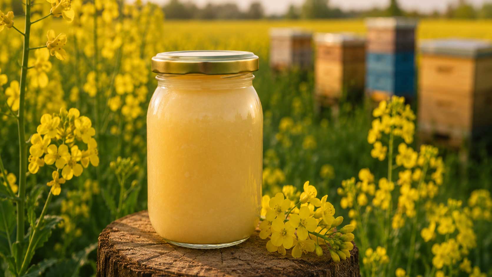 Słoik naturalnego miodu rzepakowego z rodzinnej pasieki na tle kwitnącego pola rzepaku.