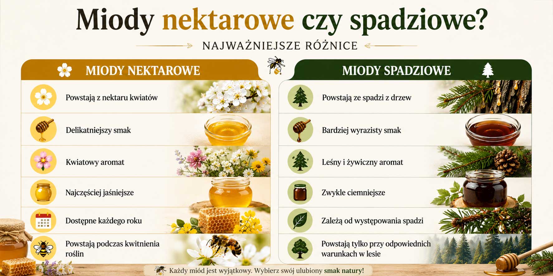 Infografika przedstawiająca najważniejsze różnice między miodami nektarowymi i spadziowymi.